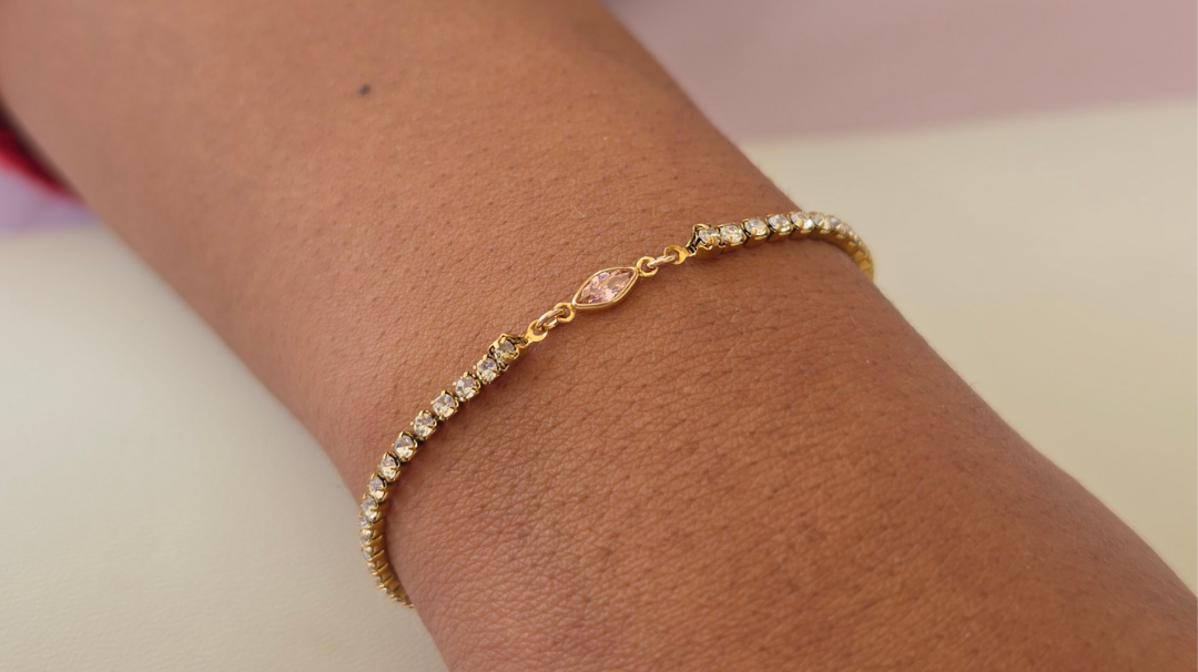 Stainless Steel Tennis Chain with 14k Gold Filled Marquise Birthstone Connector Charm - Permanent Jewellery
