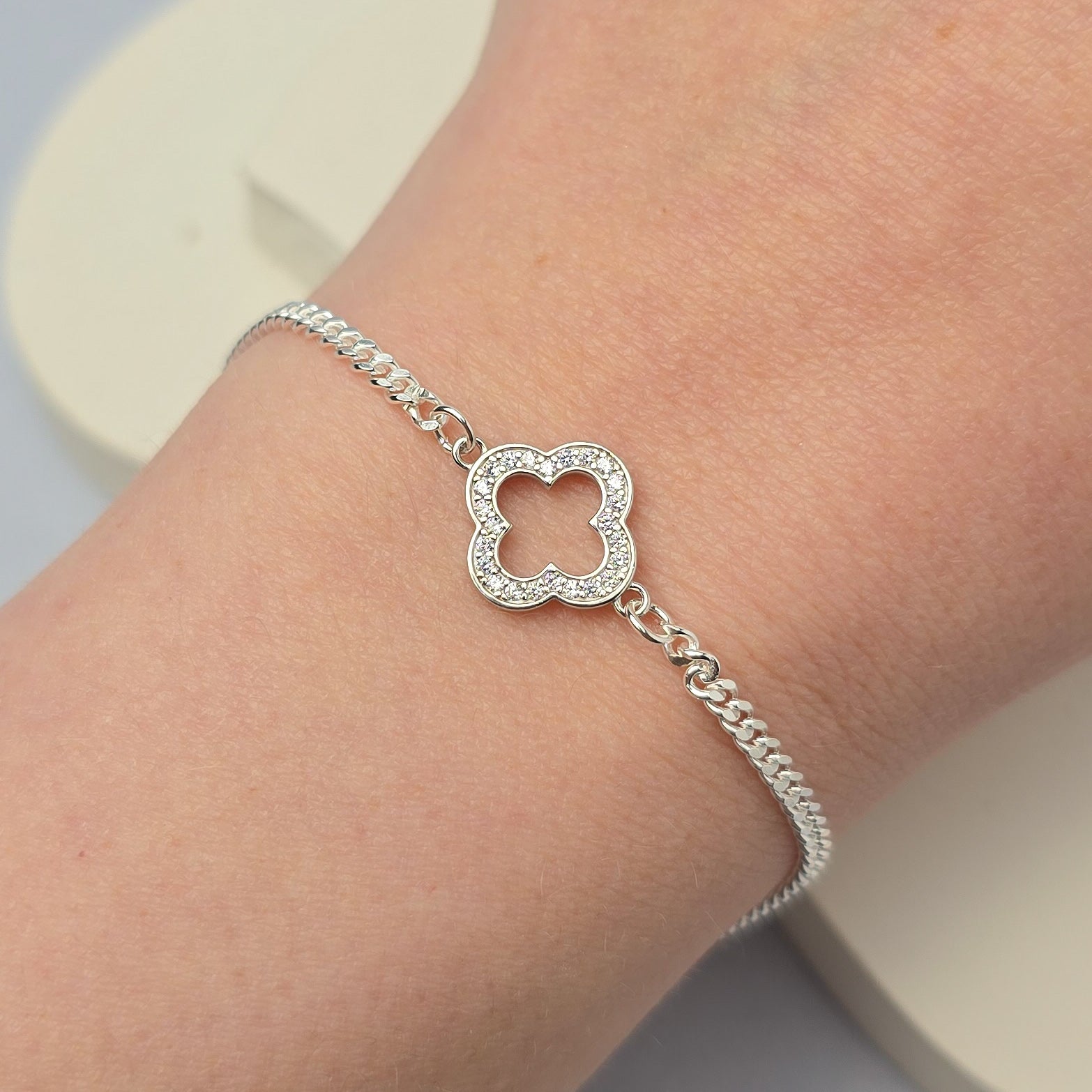 Sterling Silver Crystal Hollow Clover Connector