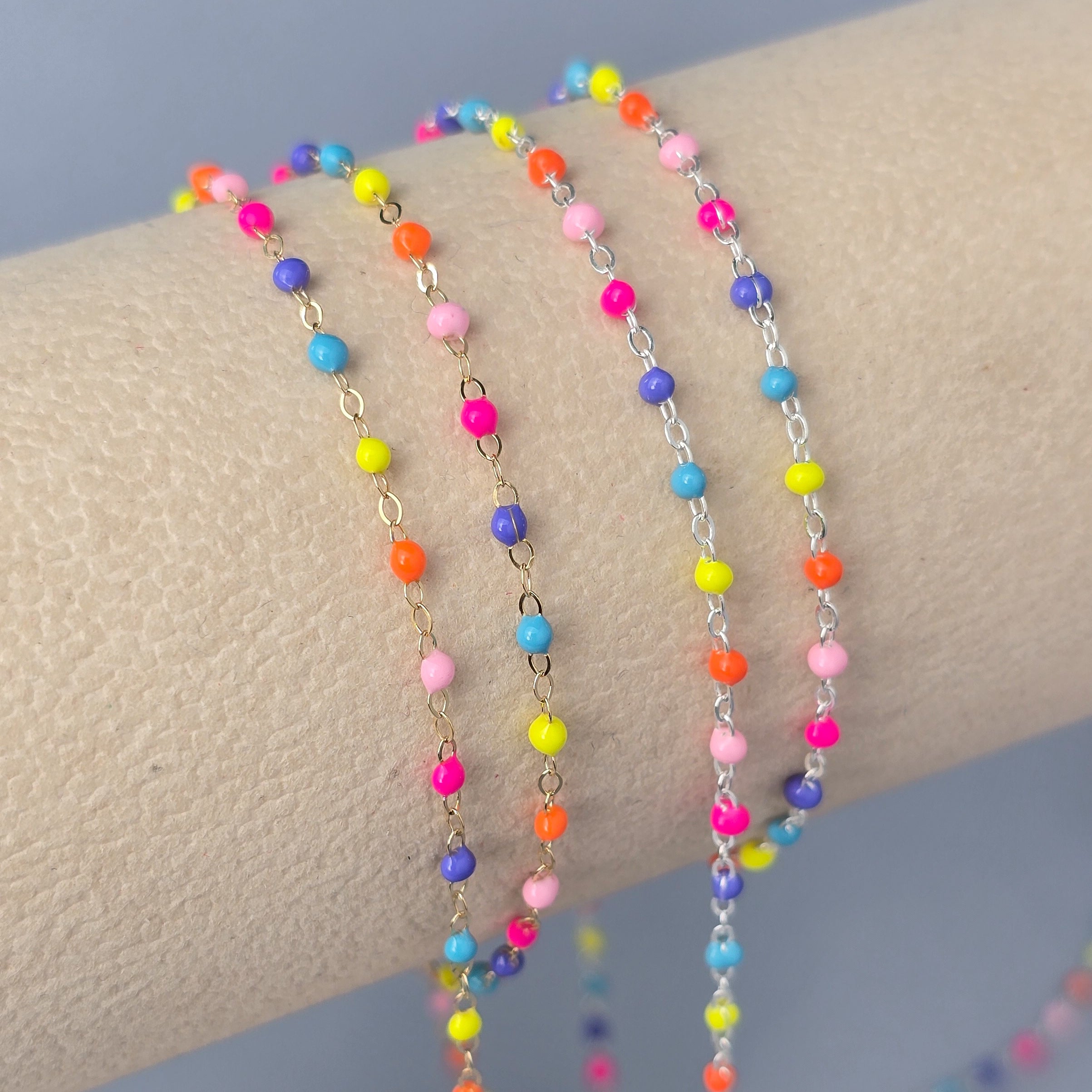 1.5mm Bright Rainbow Enamel Flat Cable Chain - 925 Sterling Silver & 14k Gold Filled