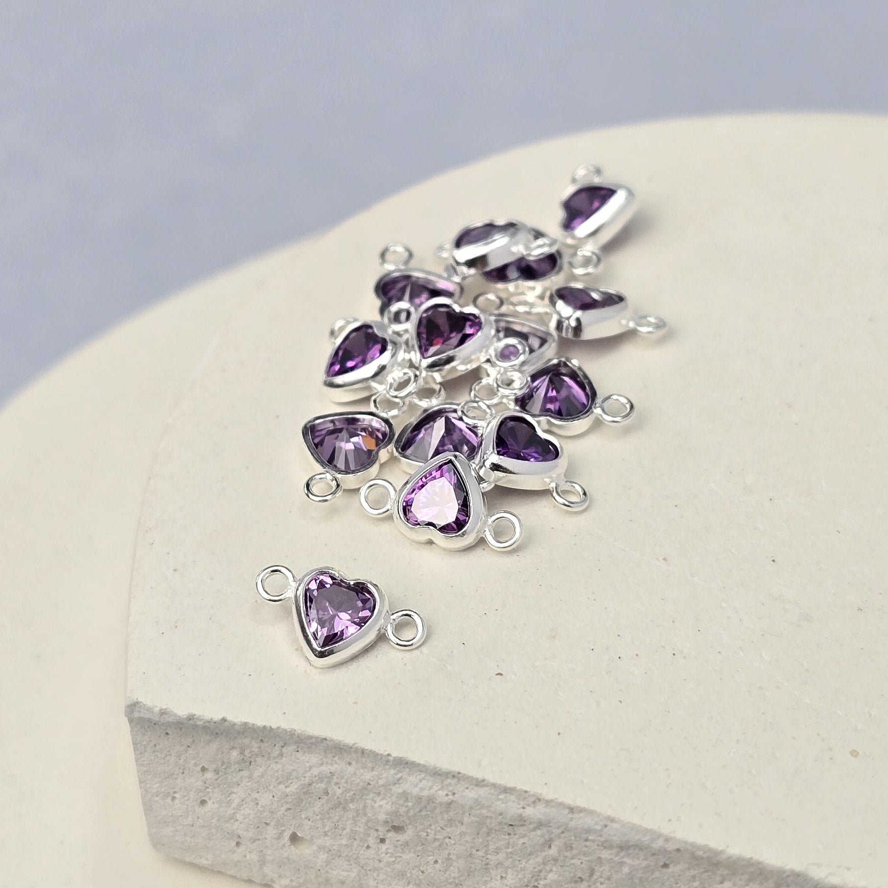 4mm Heart Birthstone Connector Charm Sterling silver / February - Amethyst