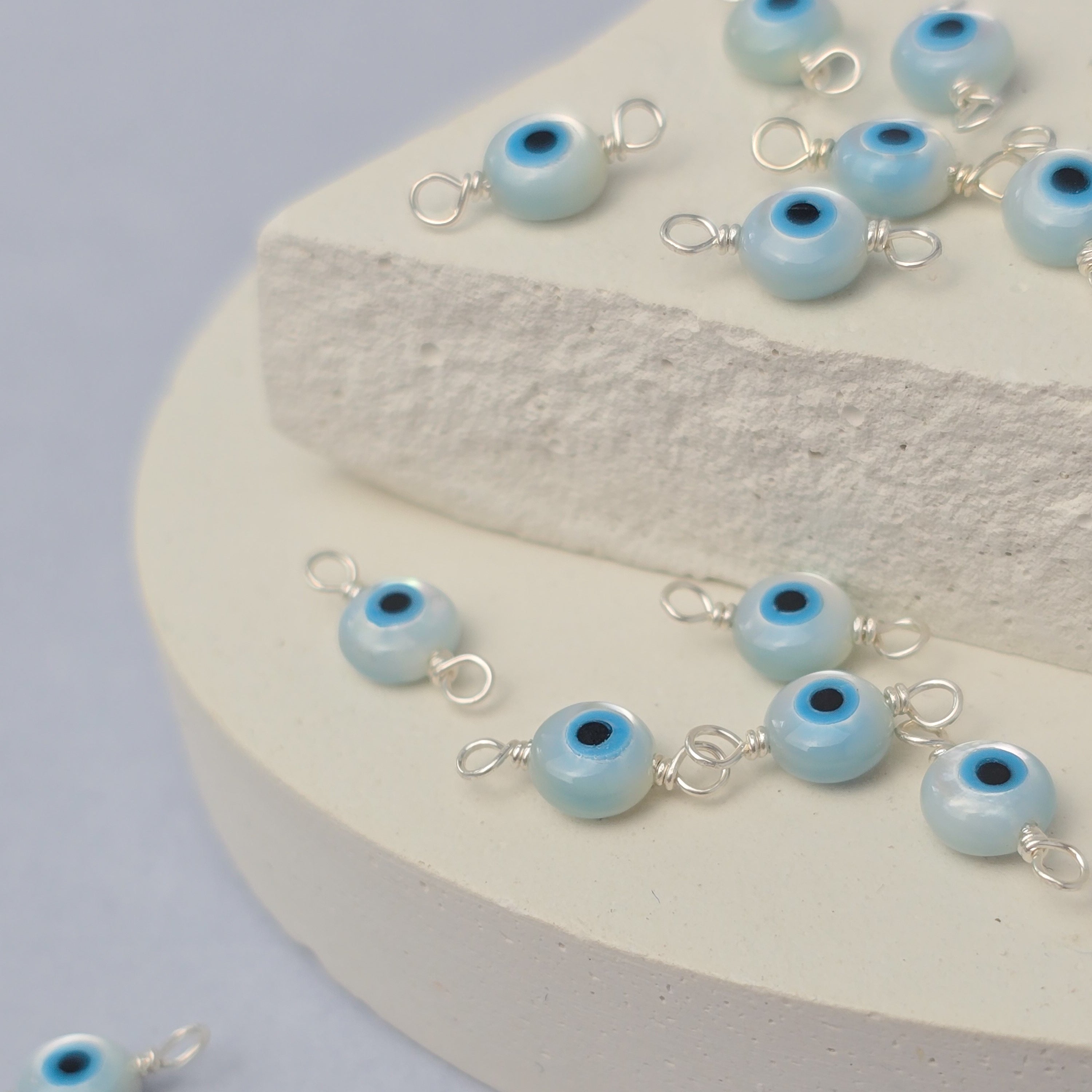 Mother of Pearl Evil Eye Connector Charm Sterling Silver