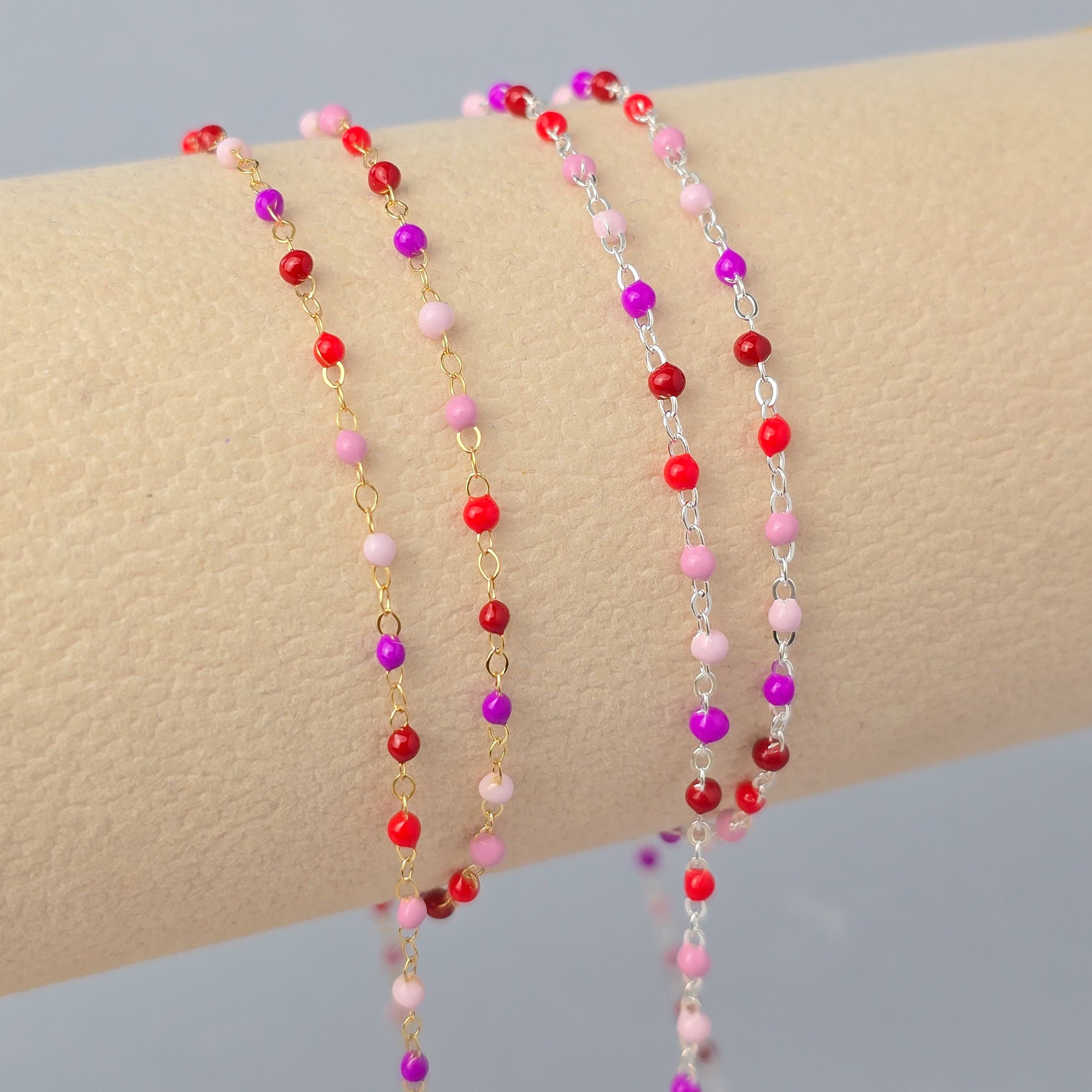 1.5mm Cherry Blossom Enamel Flat Cable Chain - 925 Sterling Silver & 14k Gold Filled