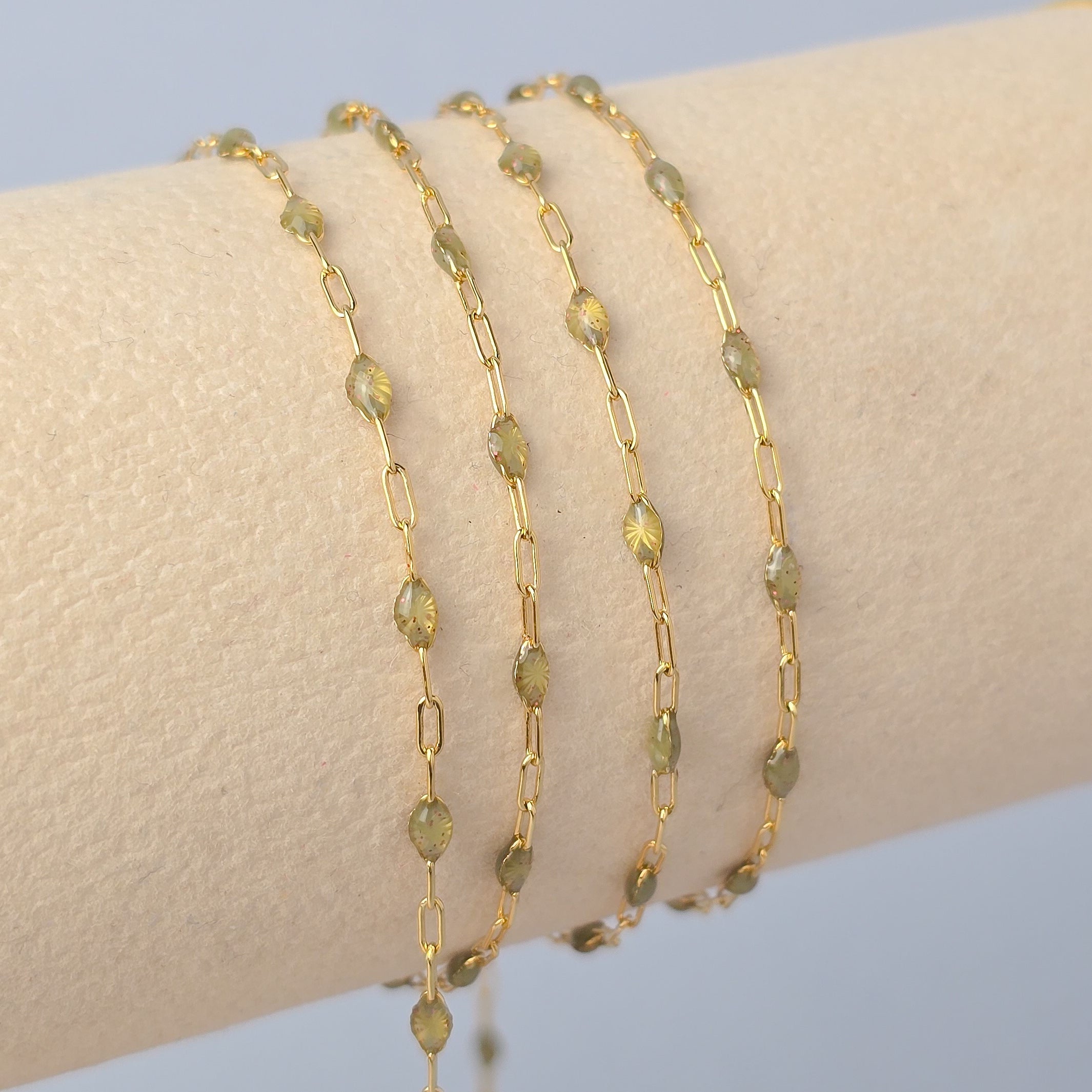 Stained Glass Peridot Enamel Sunburst & Paperclip Chain 14k Gold Filled / 1 Meter