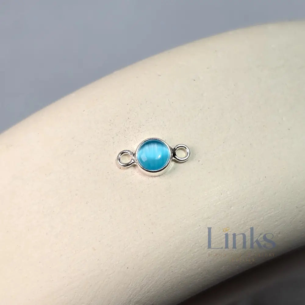 4Mm Blue Cat’s Eye Connector Charm Sterling Silver