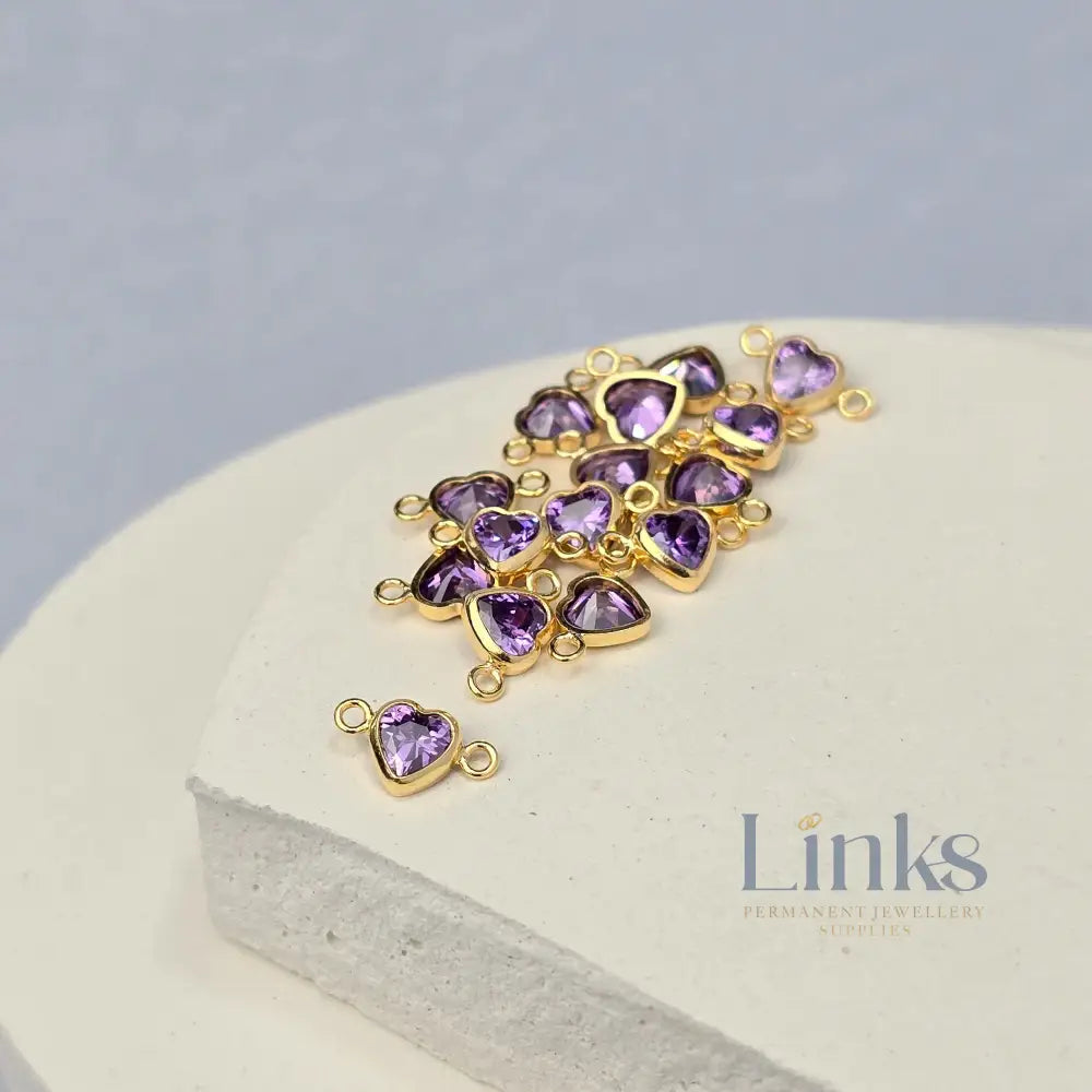 4mm Heart Birthstone Connector Charm 14k Gold Filled / February - Amethyst