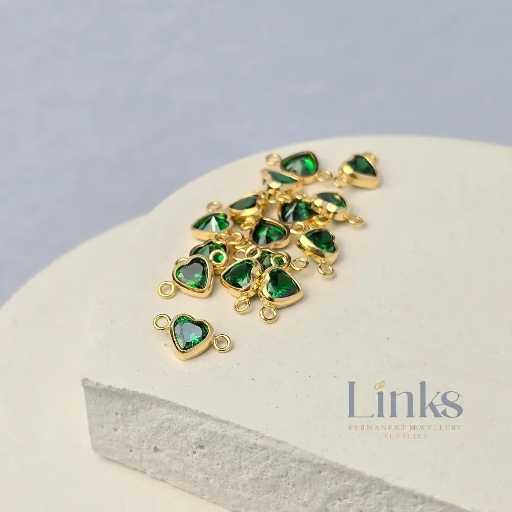 4mm Heart Birthstone Connector Charm 14k Gold Filled / May - Emerald Green