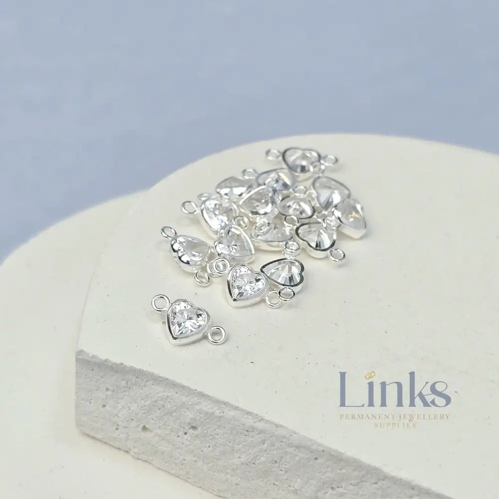 4mm Heart Birthstone Connector Charm Sterling silver / April - Crystal