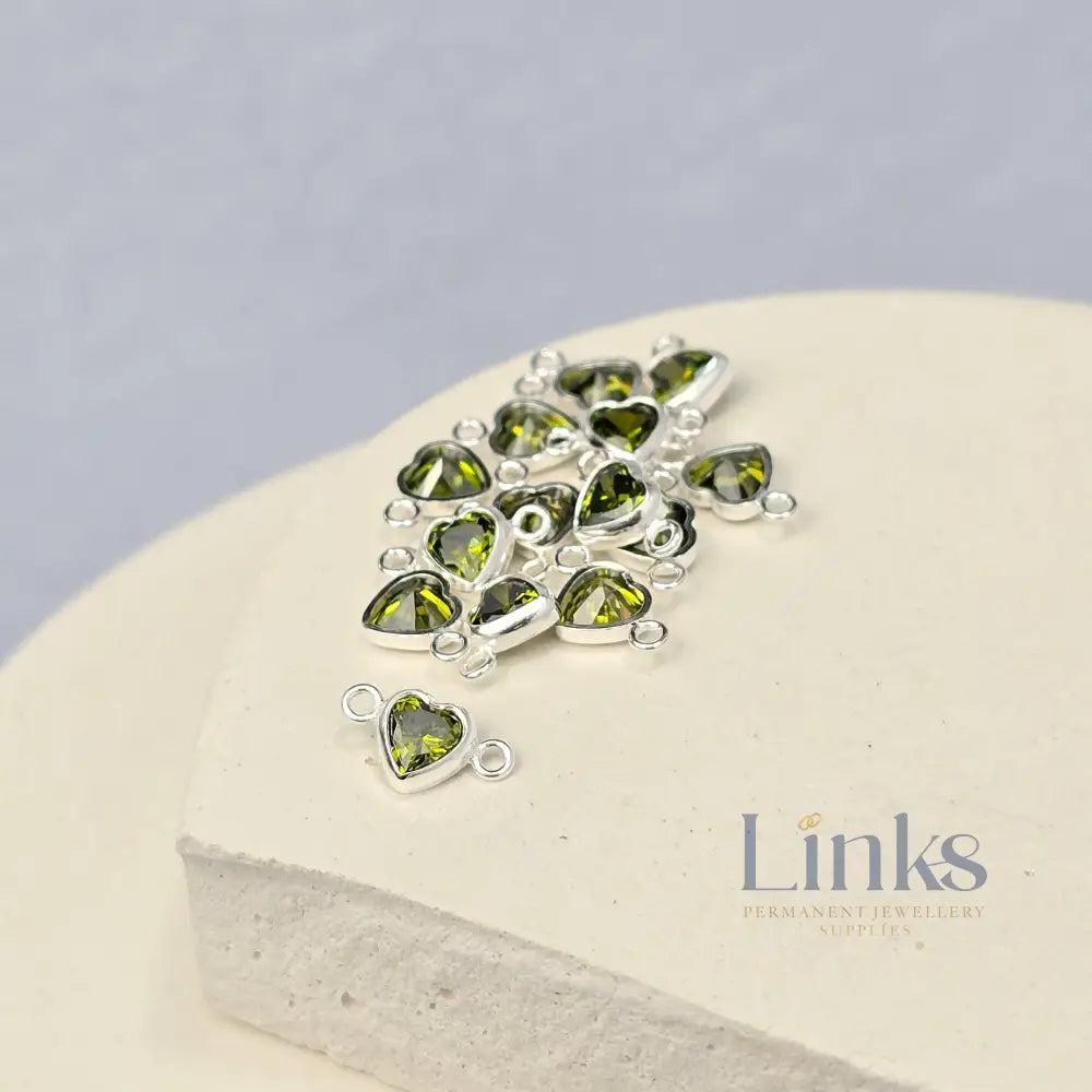 4mm Heart Birthstone Connector Charm Sterling silver / August - Peridot