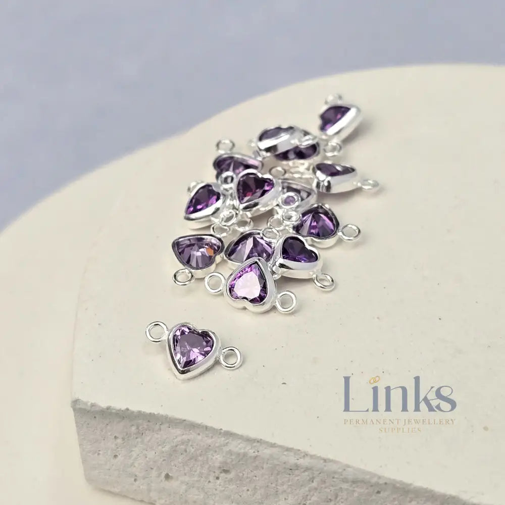 4mm Heart Birthstone Connector Charm Sterling silver / February - Amethyst