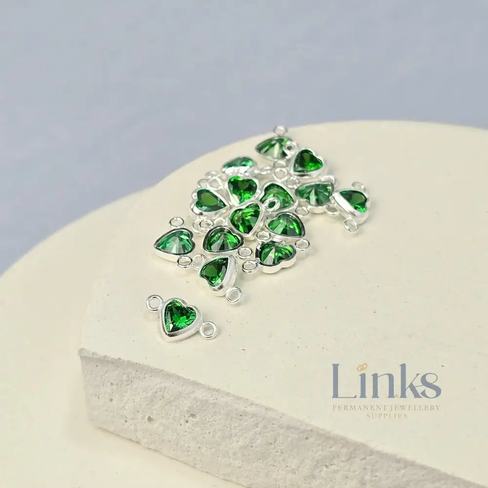 4mm Heart Birthstone Connector Charm Sterling silver / May - Emerald Green