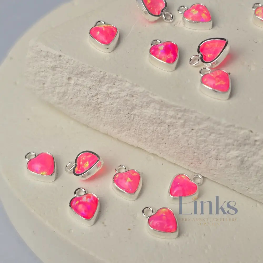 4mm Opal Heart Charm Sterling Silver / Pink