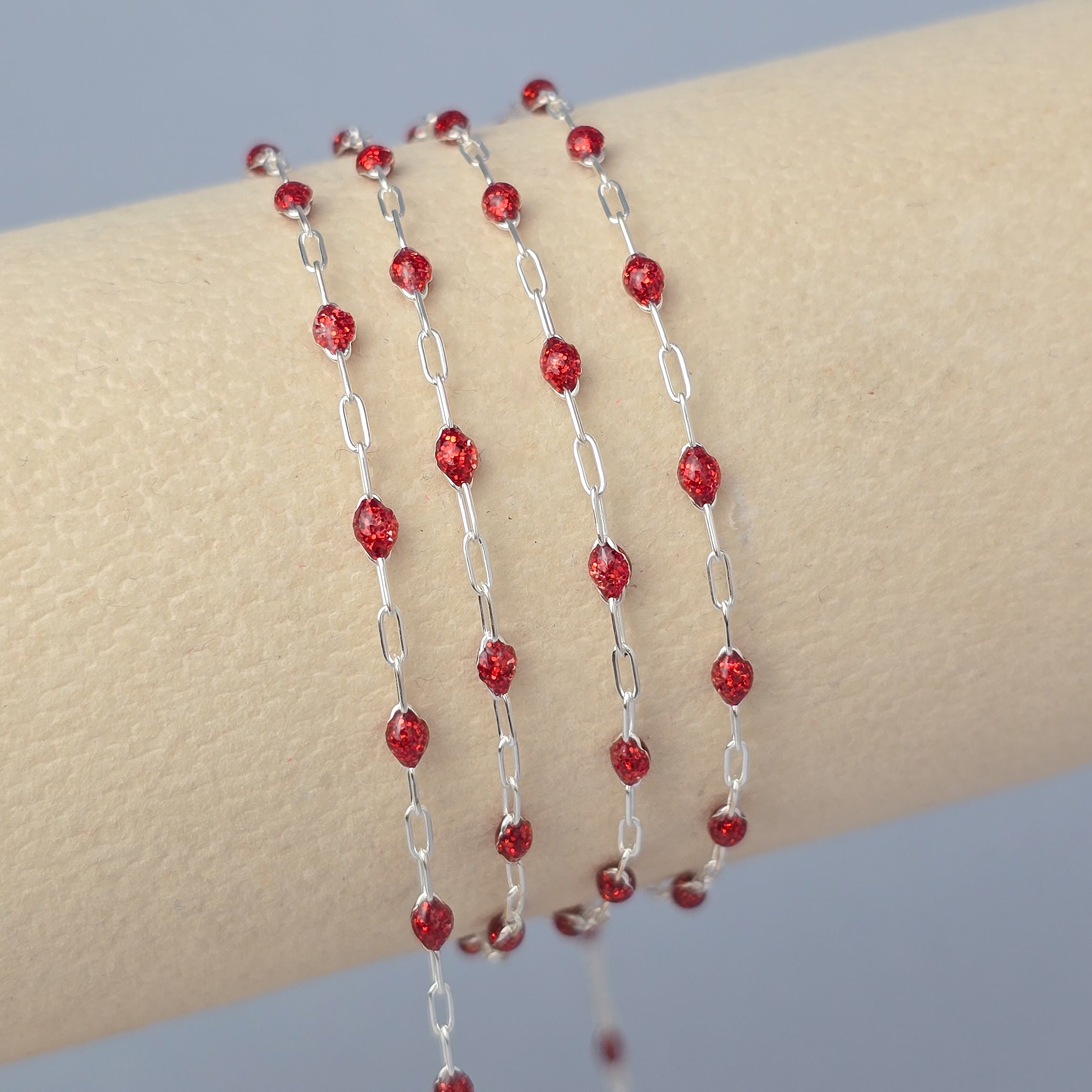 Stained Glass Ruby Enamel Sunburst & Paperclip Chain 925 Sterling Silver / 1 Meter
