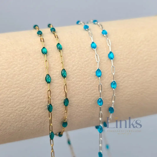 Stained Glass Blue Enamel Sunburst & Paperclip Chain - 14k Gold Filled & 925 Sterling Silver