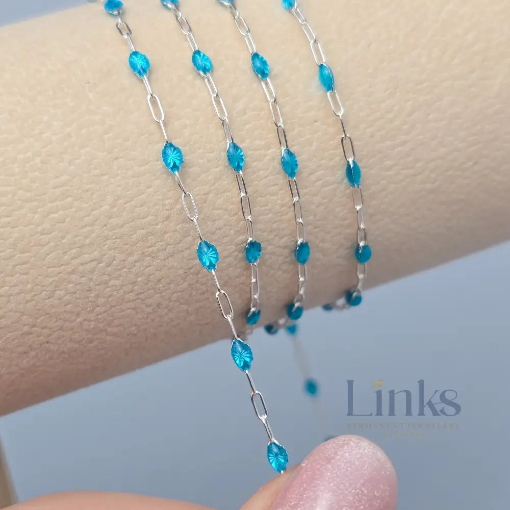 Clear Blue Enamel Sunburst & Paperclip Chain - 14k Gold Filled & 925 Sterling Silver