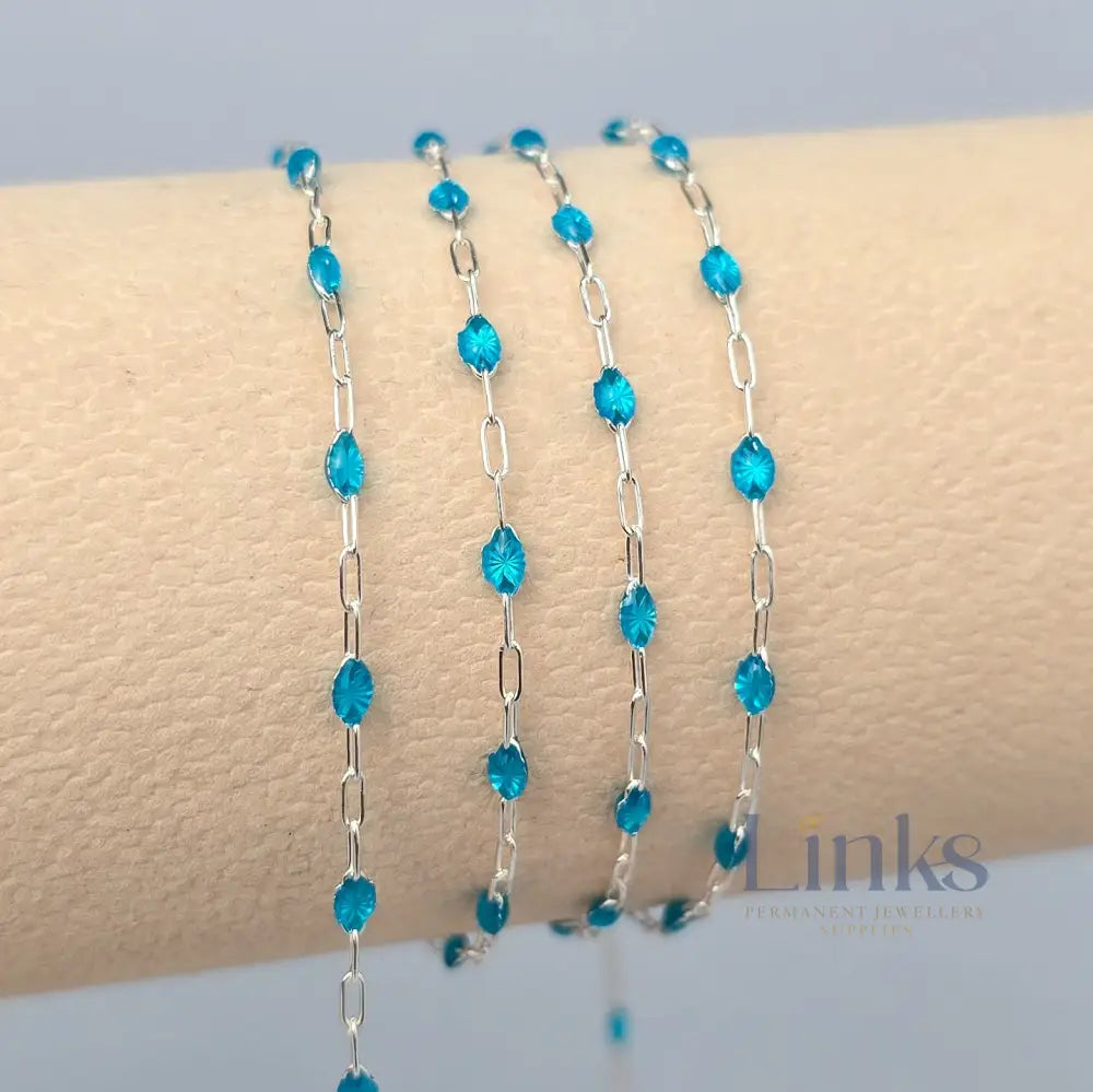 Stained Glass Blue Enamel Sunburst & Paperclip Chain - 14k Gold Filled & 925 Sterling Silver 925 Sterling Silver