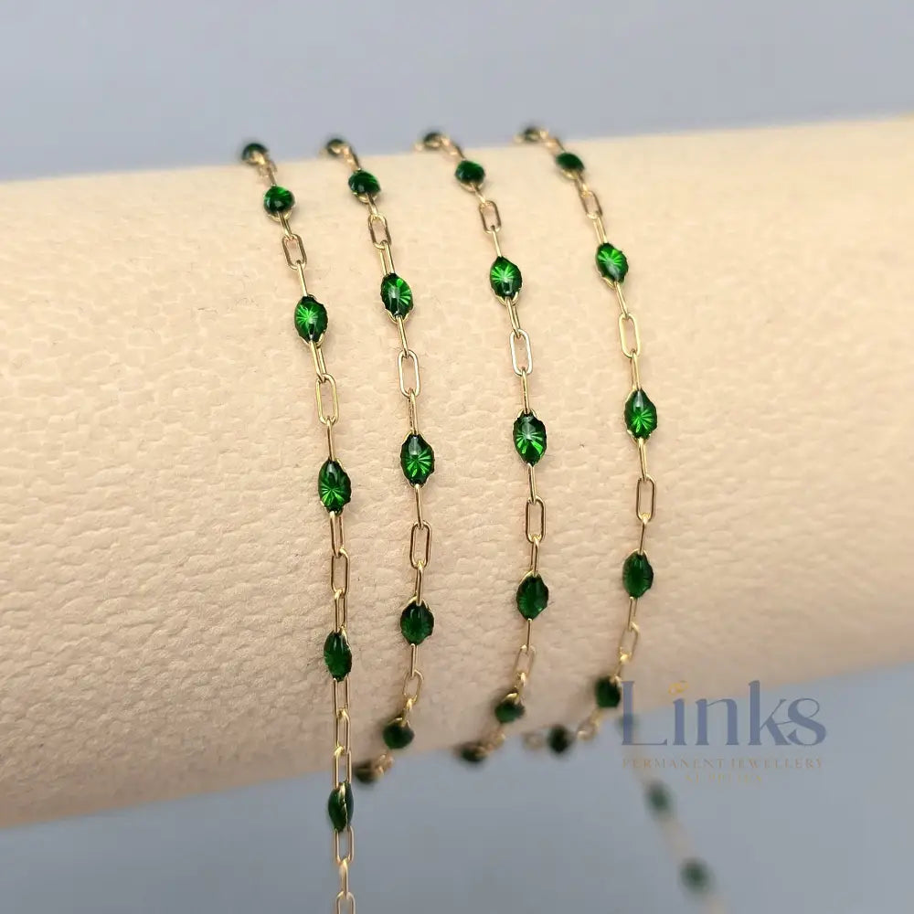 Clear Green Enamel Sunburst & Paperclip Chain - 14k Gold Filled & 925 Sterling Silver 14k Gold Filled