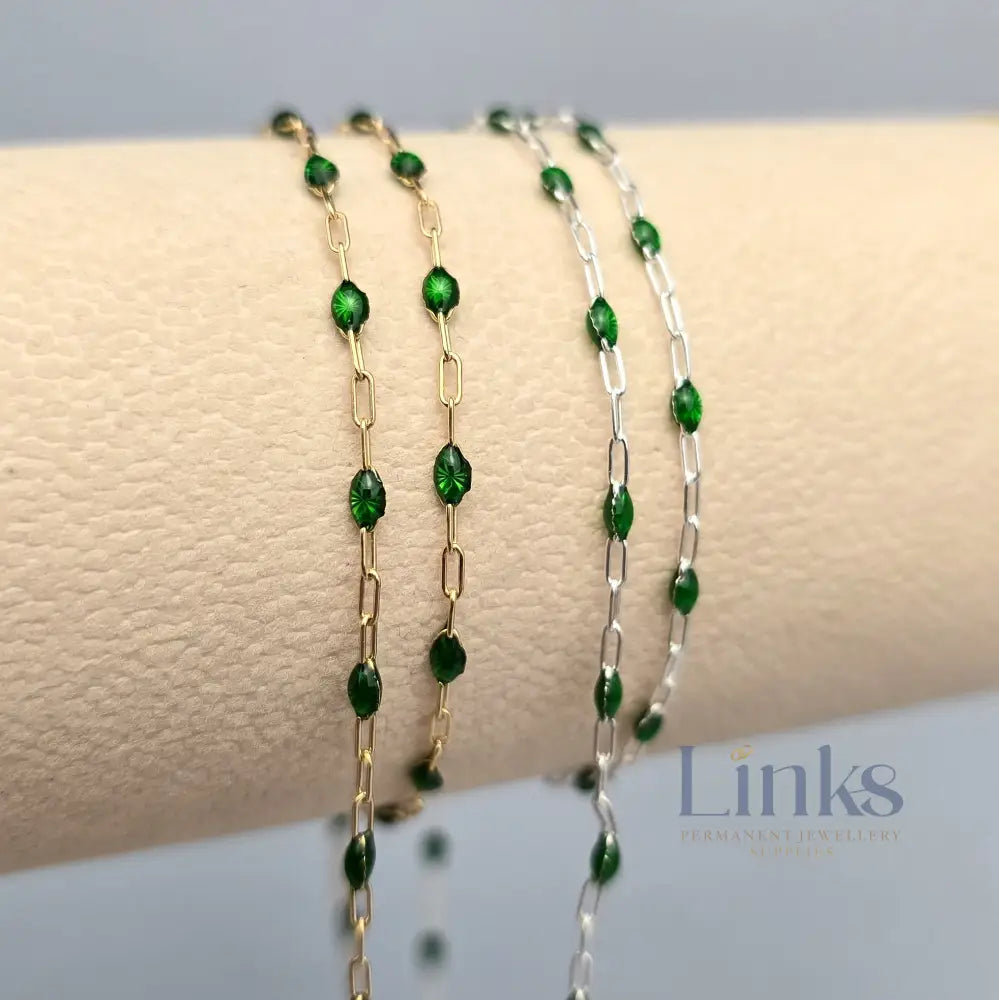 Clear Green Enamel Sunburst & Paperclip Chain - 14k Gold Filled & 925 Sterling Silver