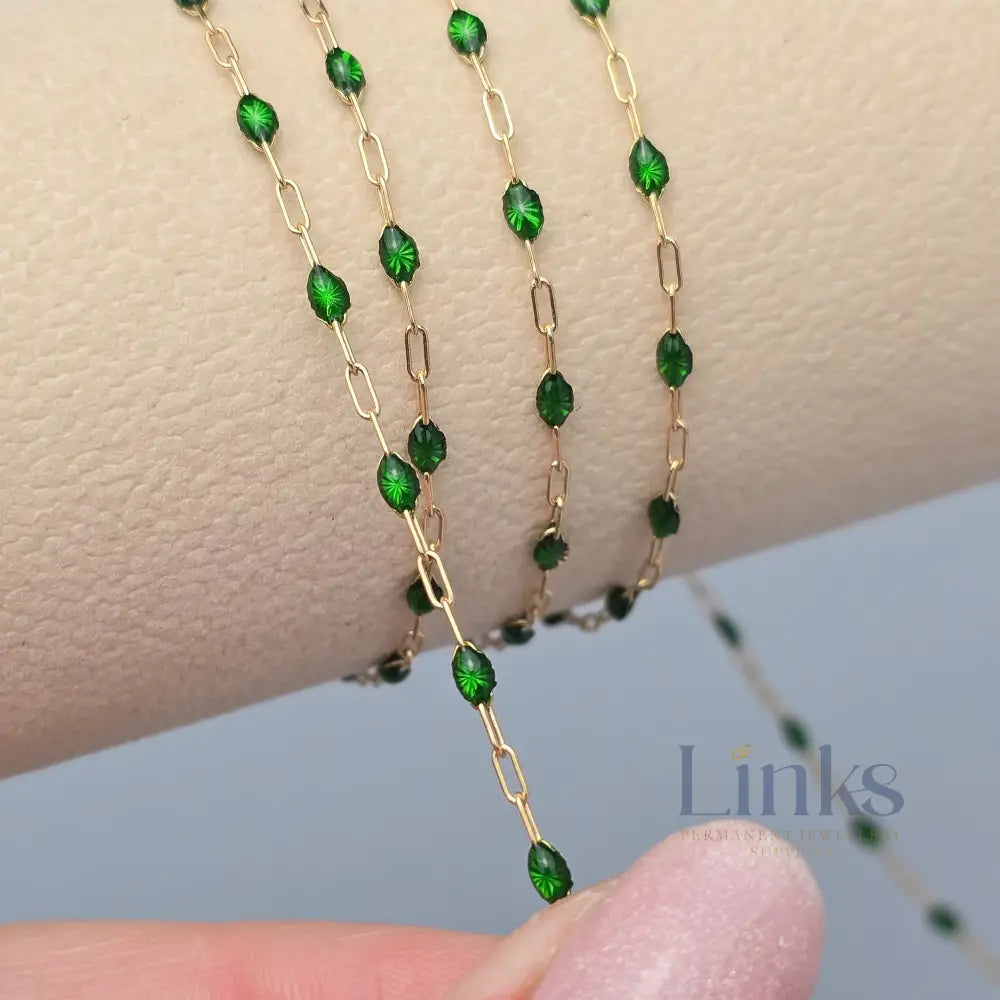 Clear Green Enamel Sunburst & Paperclip Chain - 14k Gold Filled & 925 Sterling Silver