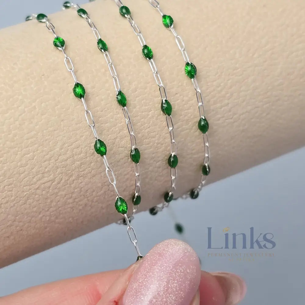 Clear Green Enamel Sunburst & Paperclip Chain - 14k Gold Filled & 925 Sterling Silver