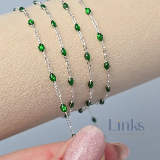 Clear Green Enamel Sunburst & Paperclip Chain - 14k Gold Filled & 925 Sterling Silver