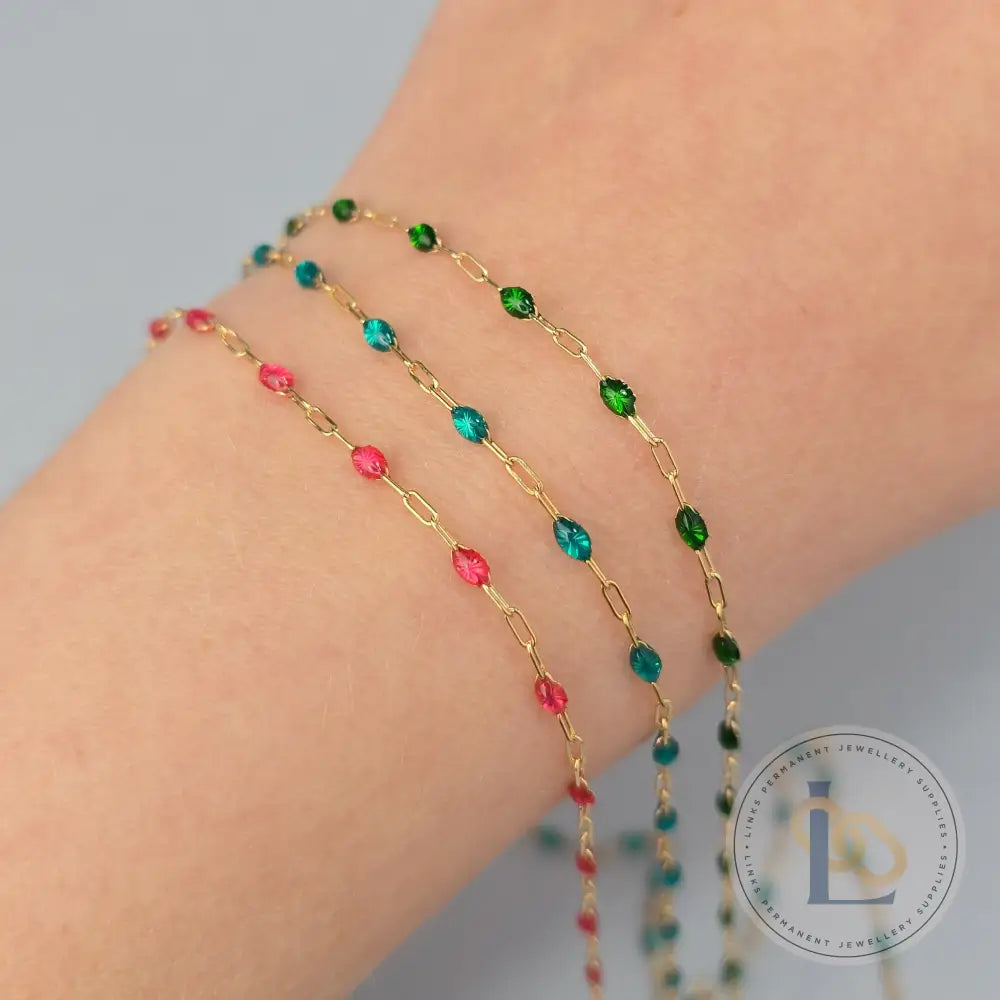 Stained Glass Green Enamel Sunburst & Paperclip Chain - 14k Gold Filled & 925 Sterling Silver