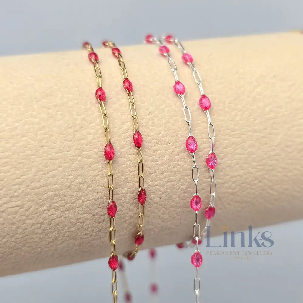 Clear Pink Enamel Sunburst & Paperclip Chain - 14k Gold Filled & 925 Sterling Silver