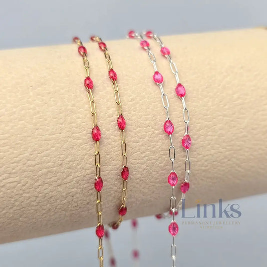 Clear Pink Enamel Sunburst & Paperclip Chain - 14k Gold Filled & 925 Sterling Silver