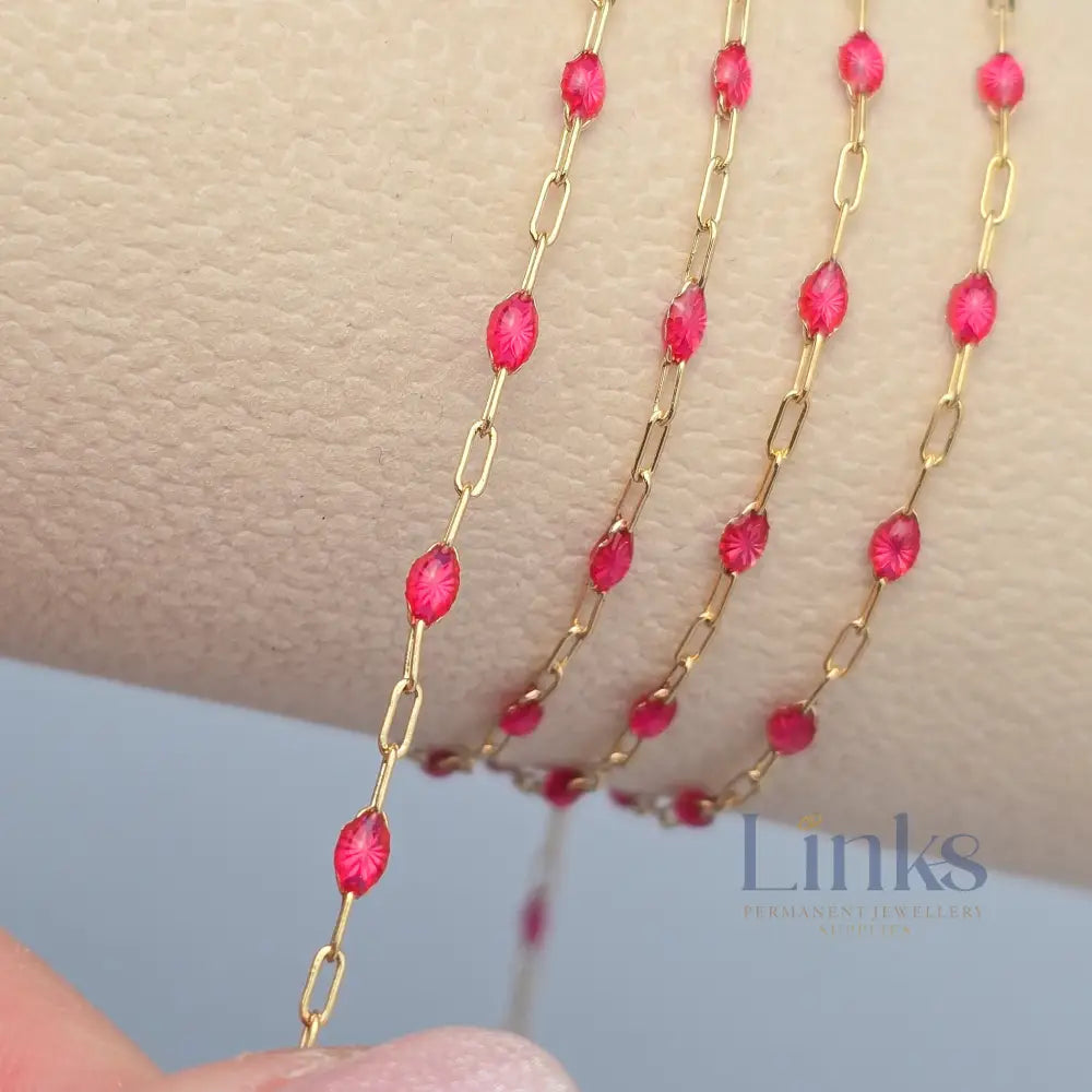 Clear Pink Enamel Sunburst & Paperclip Chain - 14k Gold Filled & 925 Sterling Silver