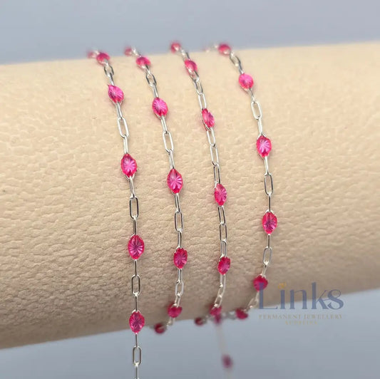 Clear Pink Enamel Sunburst & Paperclip Chain - 14k Gold Filled & 925 Sterling Silver 925 Sterling Silver