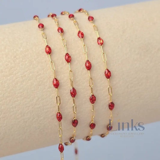 Stained Glass Ruby Enamel Sunburst & Paperclip Chain 14k Gold Filled / 1 Meter