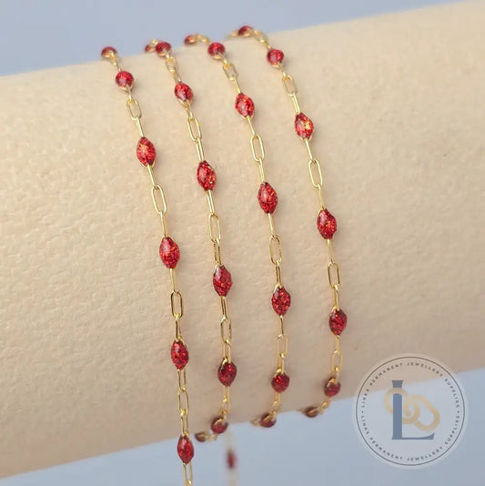 Stained Glass Ruby Enamel Sunburst & Paperclip Chain 14k Gold Filled / 1 Meter