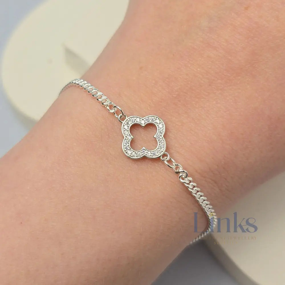 Sterling Silver Crystal Hollow Clover Connector