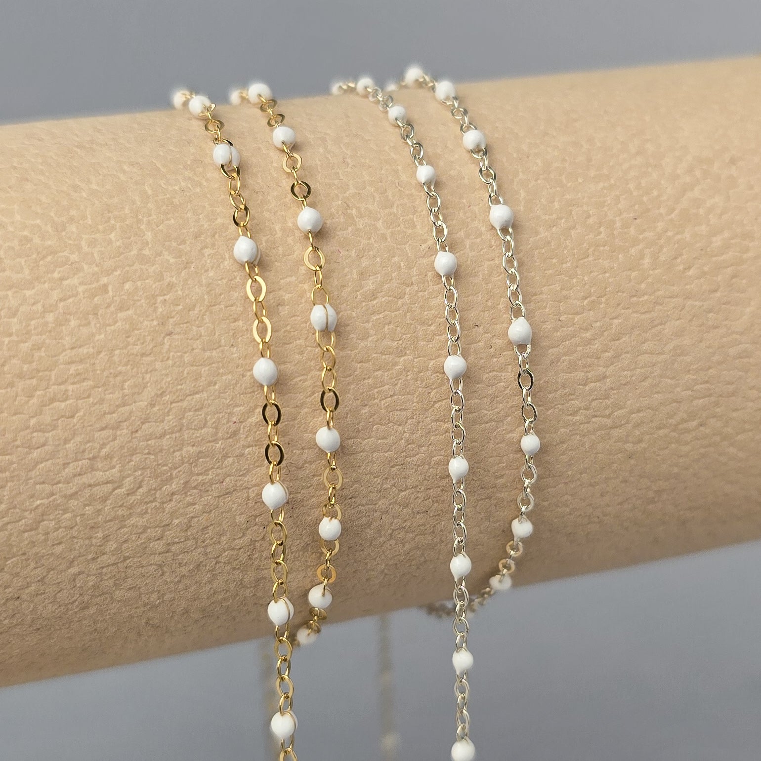 1.7mm White Enamel Flat Cable Chain - 925 Sterling Silver & 14k Gold Filled