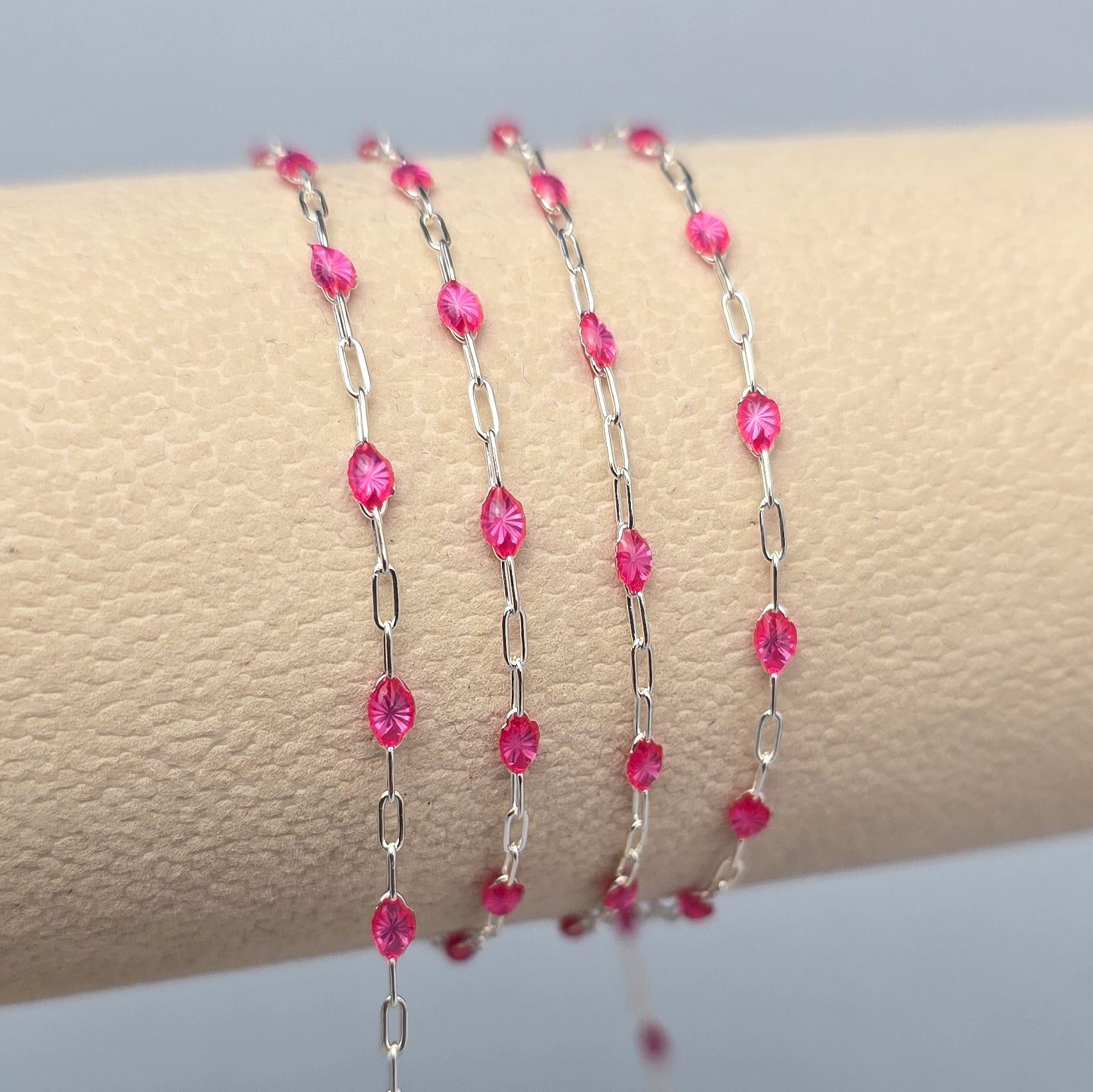 Clear Pink Enamel Sunburst & Paperclip Chain - 14k Gold Filled & 925 Sterling Silver 925 Sterling Silver