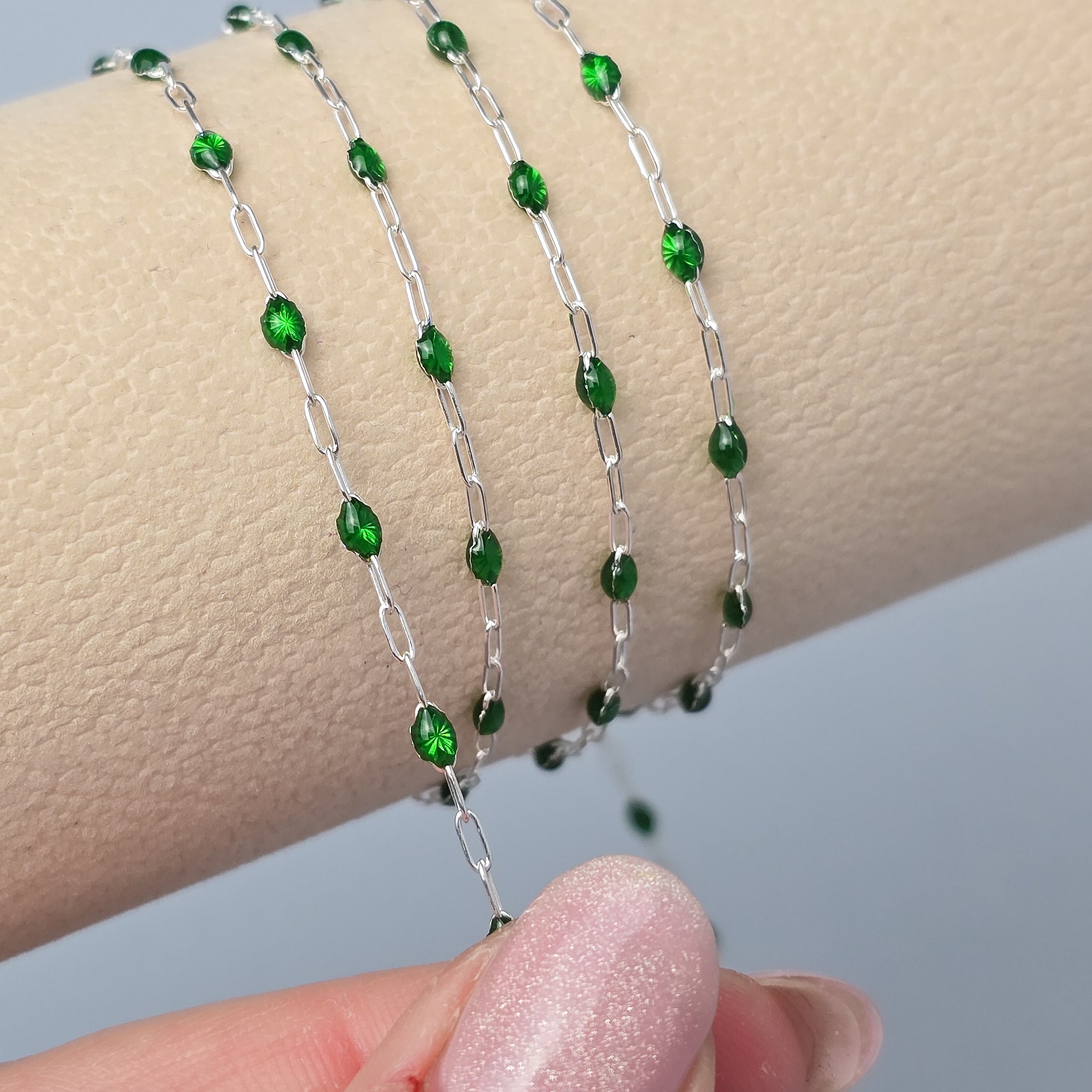Clear Green Enamel Sunburst & Paperclip Chain - 14k Gold Filled & 925 Sterling Silver