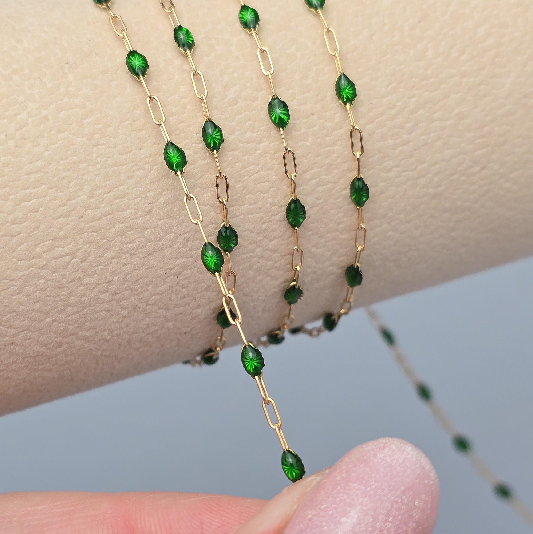 Clear Green Enamel Sunburst & Paperclip Chain - 14k Gold Filled & 925 Sterling Silver