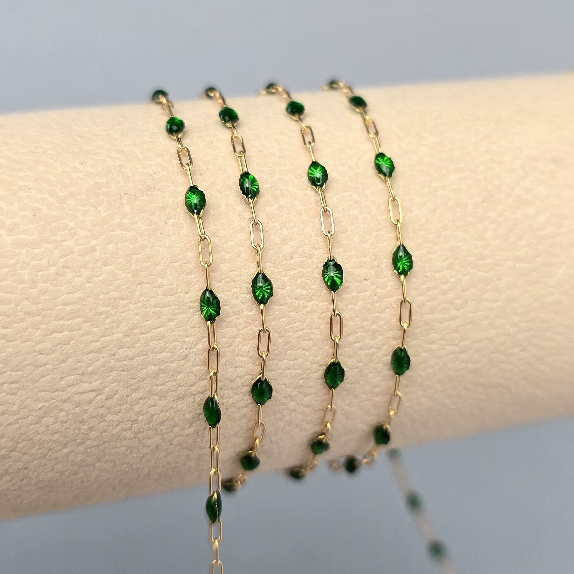 Clear Green Enamel Sunburst & Paperclip Chain - 14k Gold Filled & 925 Sterling Silver 14k Gold Filled