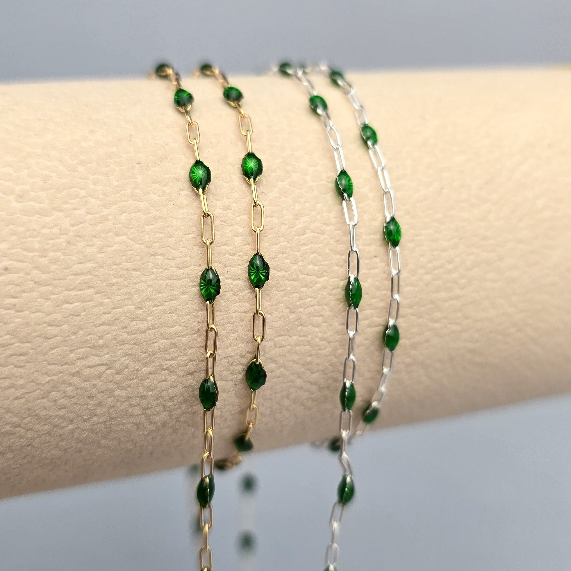 Clear Green Enamel Sunburst & Paperclip Chain - 14k Gold Filled & 925 Sterling Silver