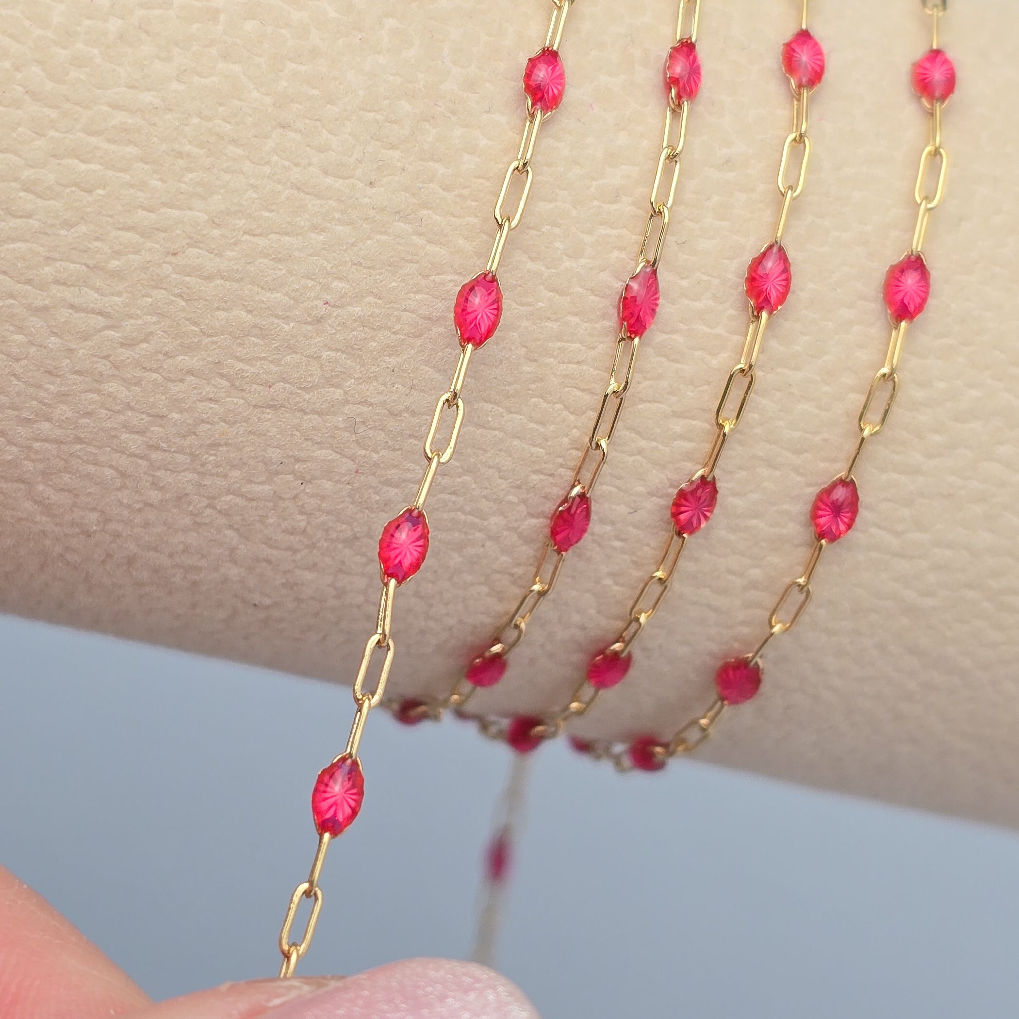 Clear Pink Enamel Sunburst & Paperclip Chain - 14k Gold Filled & 925 Sterling Silver