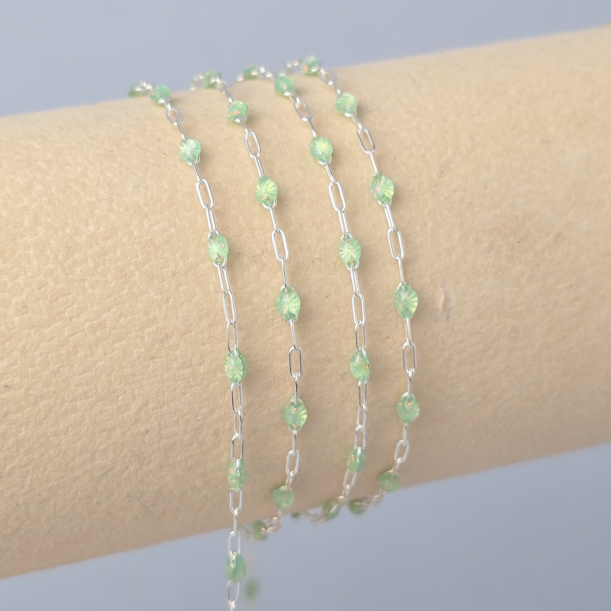 Stained Glass Peridot Enamel Sunburst & Paperclip Chain 925 Sterling Silver / 1 Meter