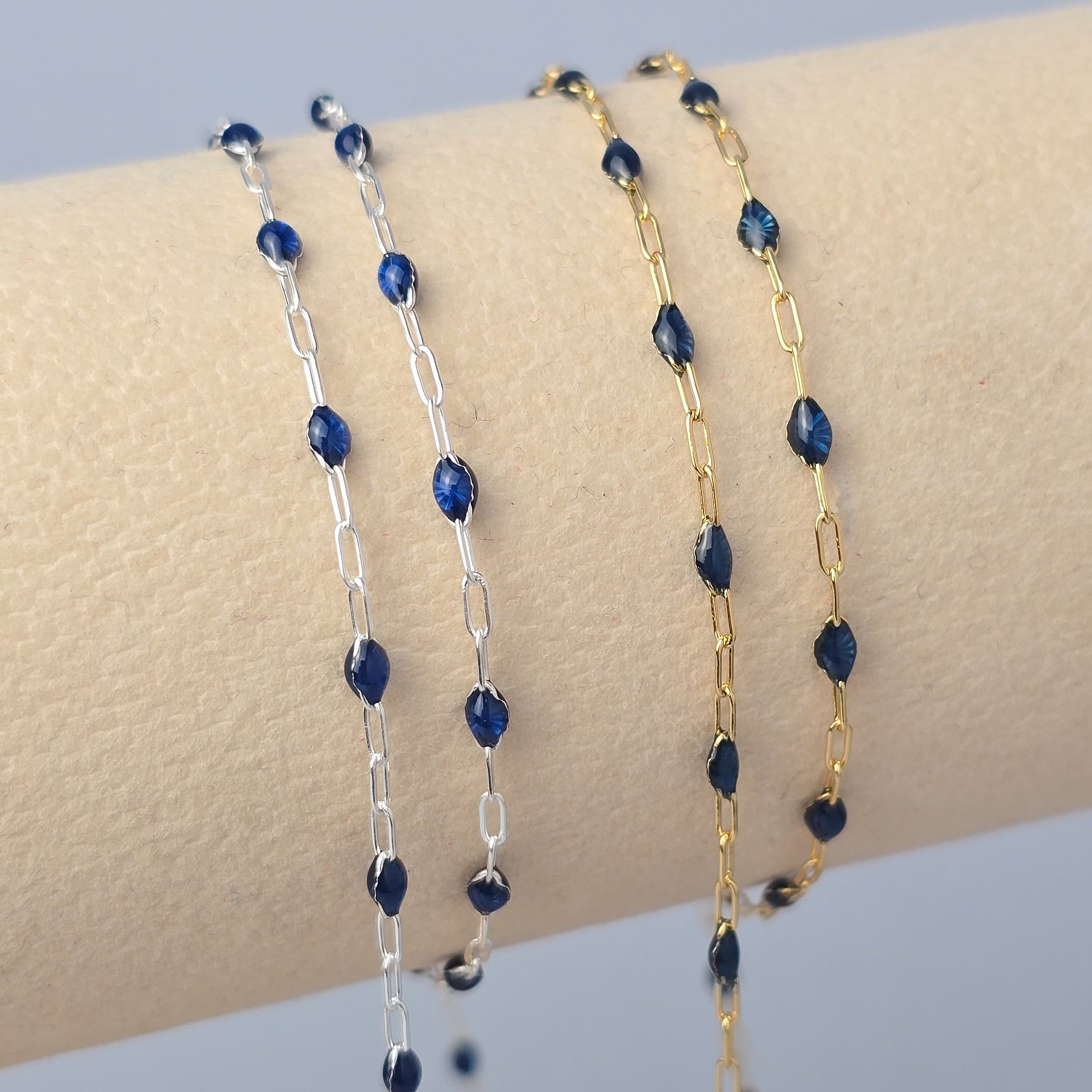 Stained Glass Sapphire Enamel Sunburst & Paperclip Chain
