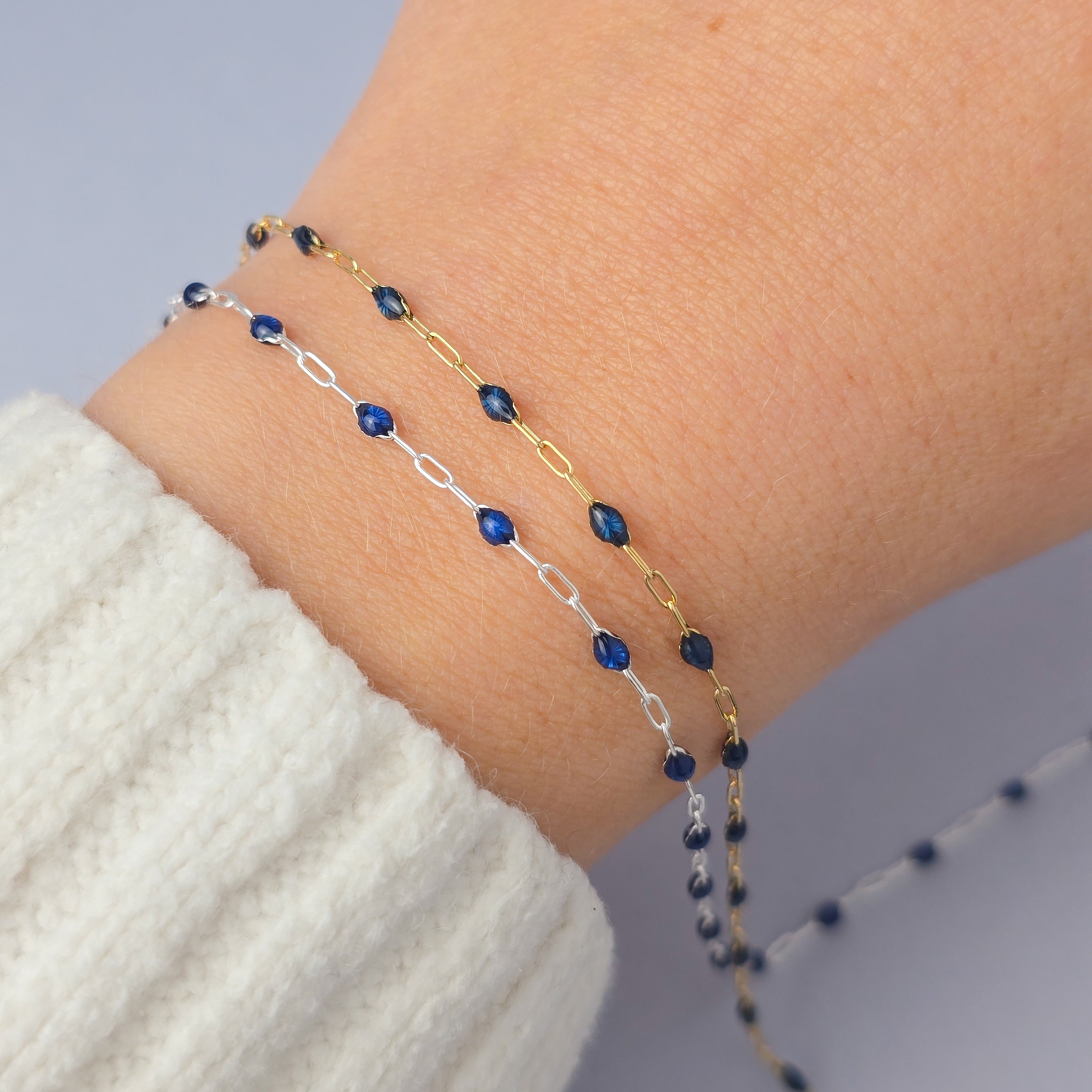 Stained Glass Sapphire Enamel Sunburst & Paperclip Chain