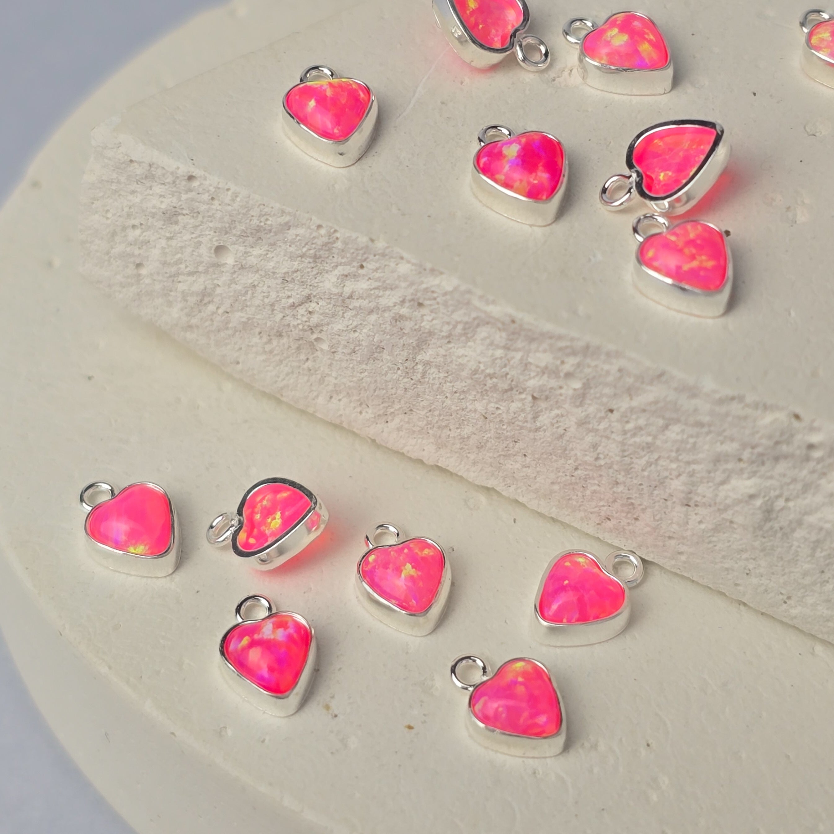 4mm Opal Heart Charm Sterling Silver / Pink