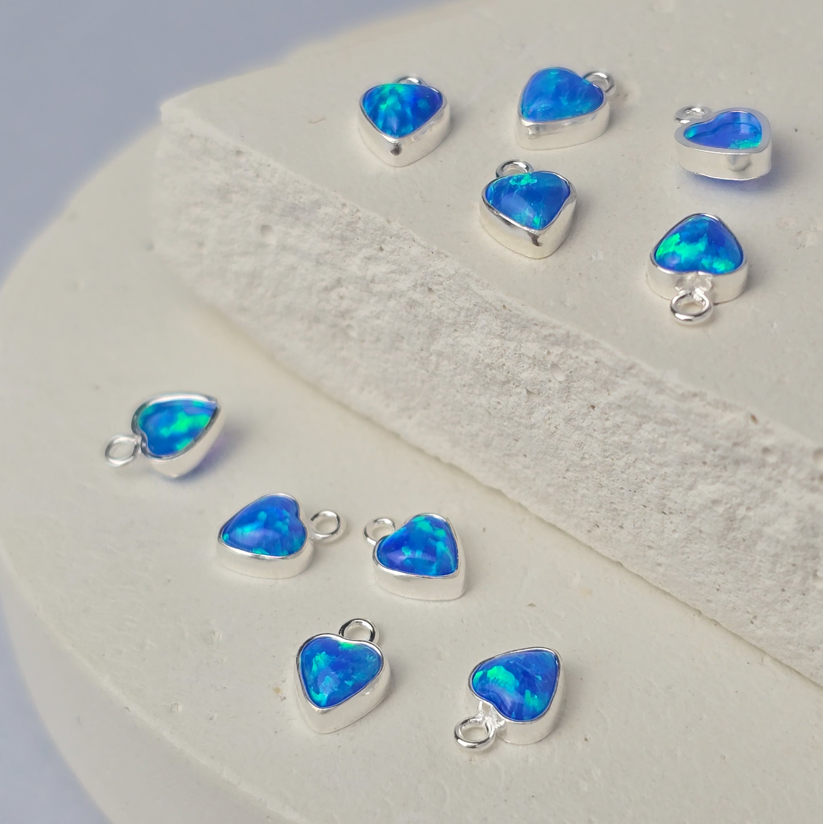 4mm Opal Heart Charm Sterling Silver / Blue