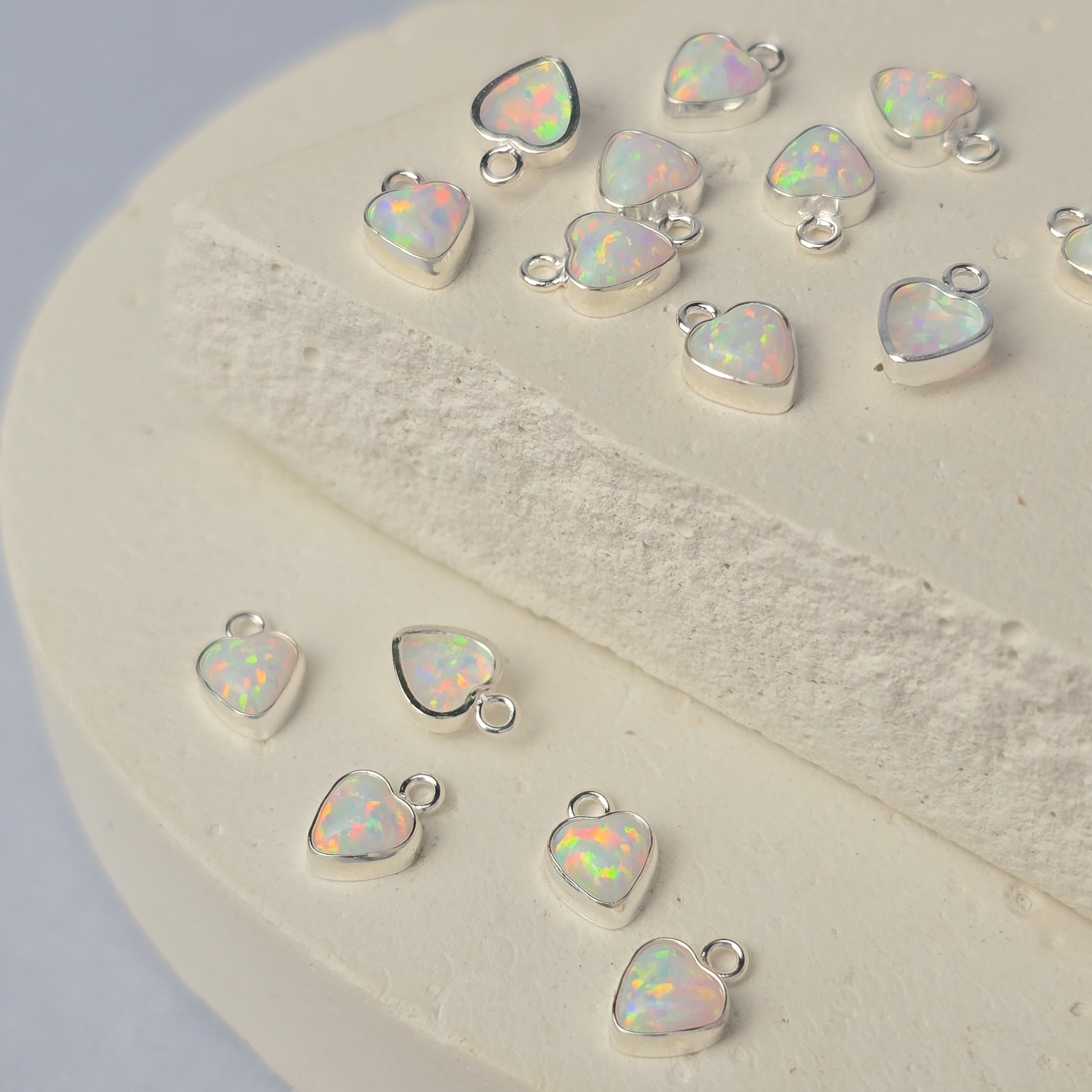 4mm Opal Heart Charm Sterling Silver / White