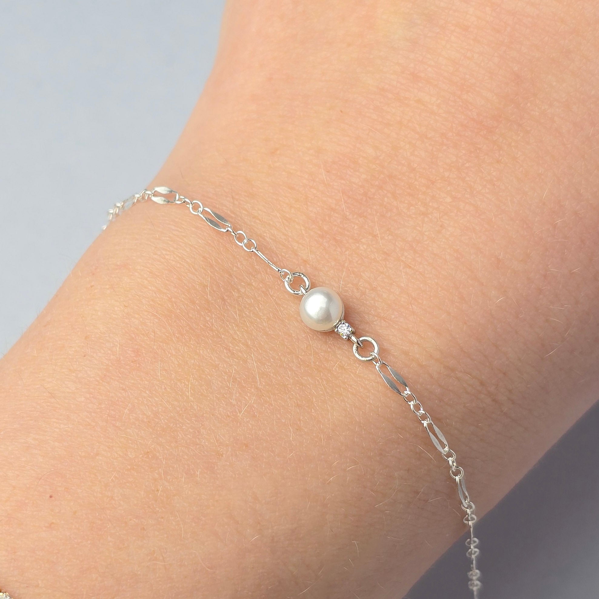 Sterling Silver Round Pearl Connector with Tiny CZ Stone Charms