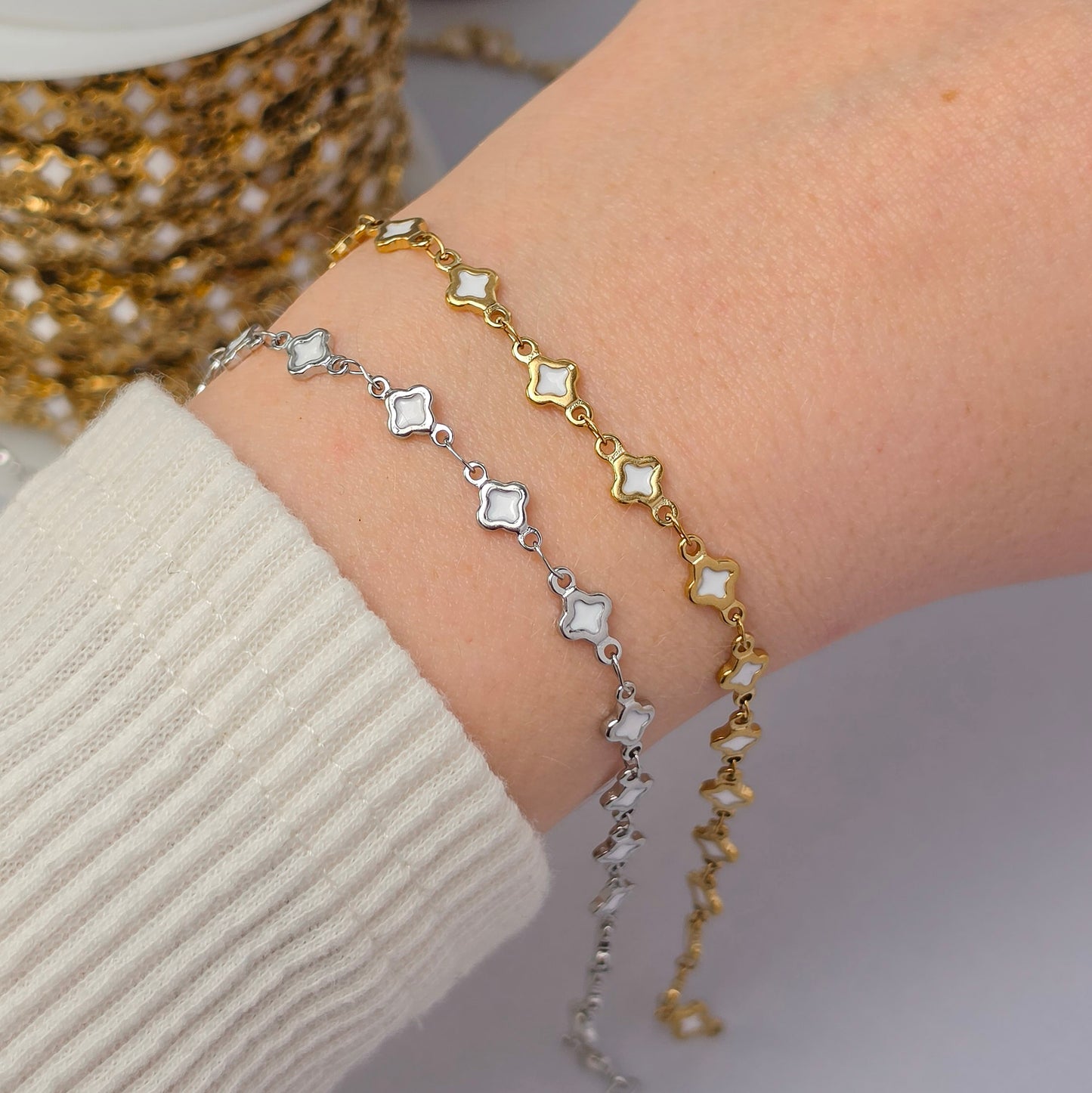 PVD Stainless Steel White Enamel Clover Chain