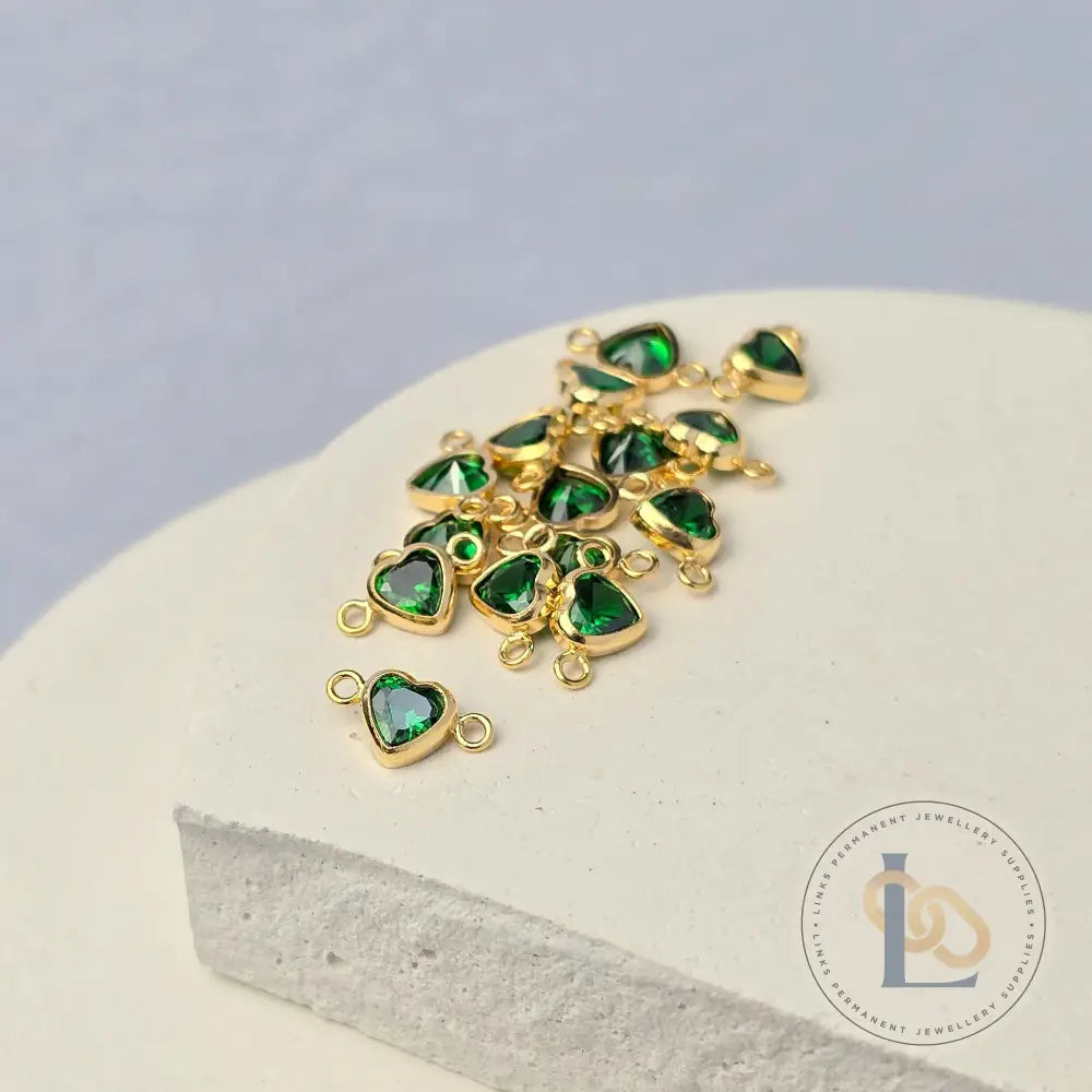 4mm Heart Birthstone Connector Charm 14k Gold Filled / May - Emerald Green