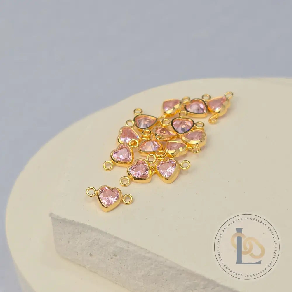 4mm Heart Birthstone Connector Charm 14k Gold Filled / October - Pink Tourmaline