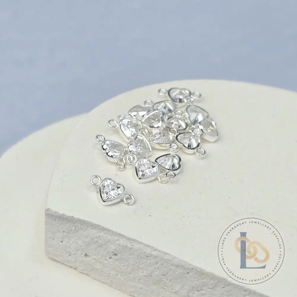 4mm Heart Birthstone Connector Charm Sterling silver / April - Crystal